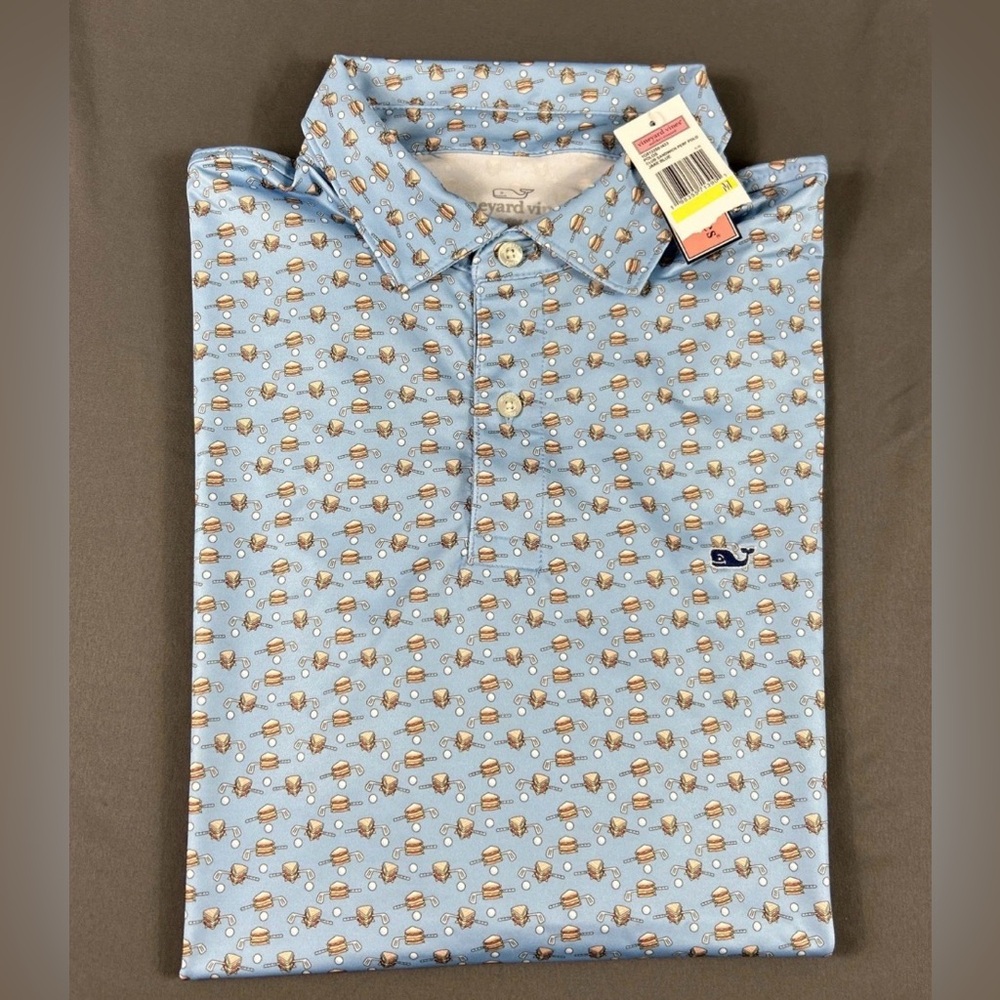 Vineyard Vines Golf Shirt Polo Club Sandwich Print Medium Blue Polyester